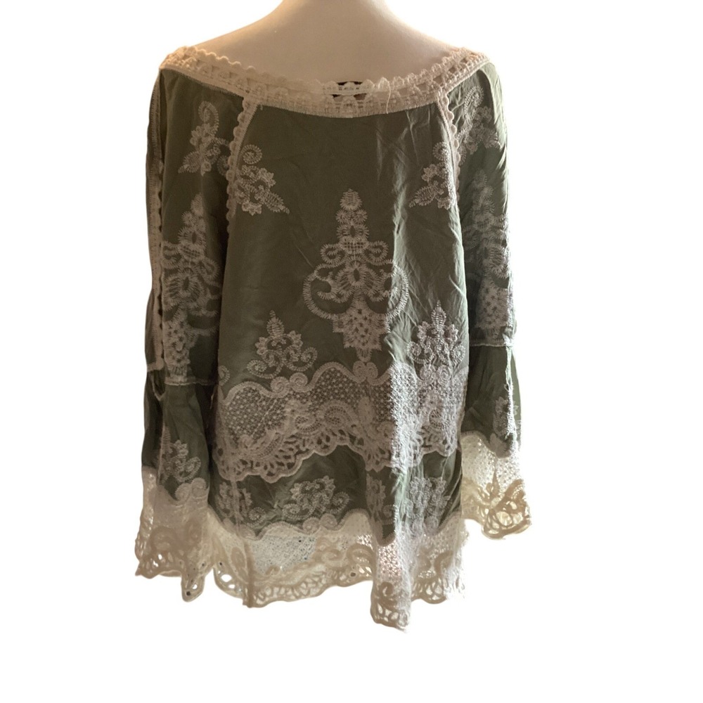 Democracy Women Peasant Crochet Lace‎ Trim Top M Cottagecore Sage Shabby - Picture 2 of 11
